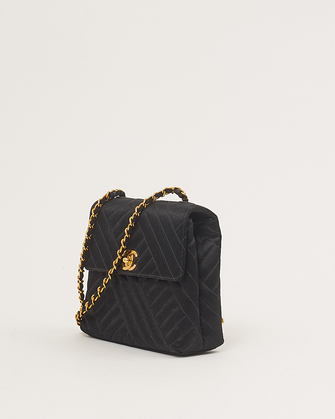 Chanel Black Satin 24K Gold Plated Vintage Square Flap Bag