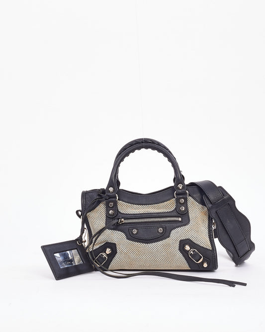 Balenciaga Black & White Leather & Canvas Motocross Classic Mini City Bag