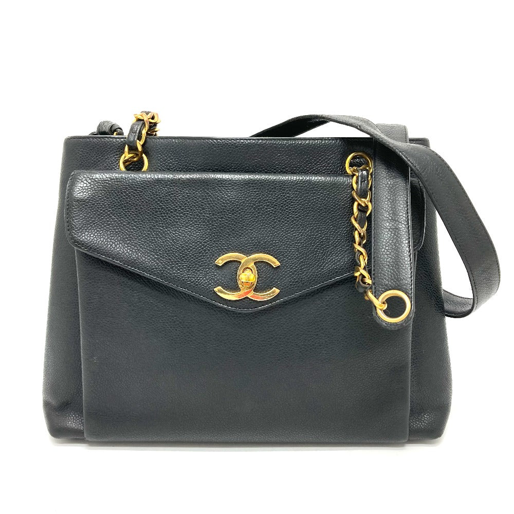 CHANEL Shoulder Bag Caviar skin black CC COCO Mark Matrasse Women Used