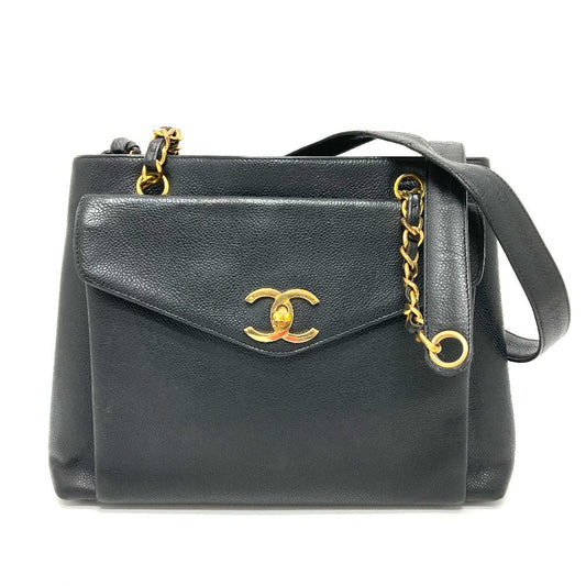 CHANEL Shoulder Bag Caviar skin black CC COCO Mark Matrasse Women Used