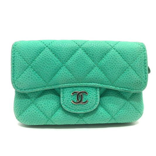 CHANEL Coin case Soft caviar skin green COCO Mark CC Matrasse Women Used