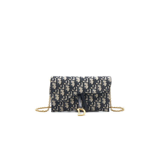 Dior Saddle Wallet with Chain Blue Oblique Jacquard