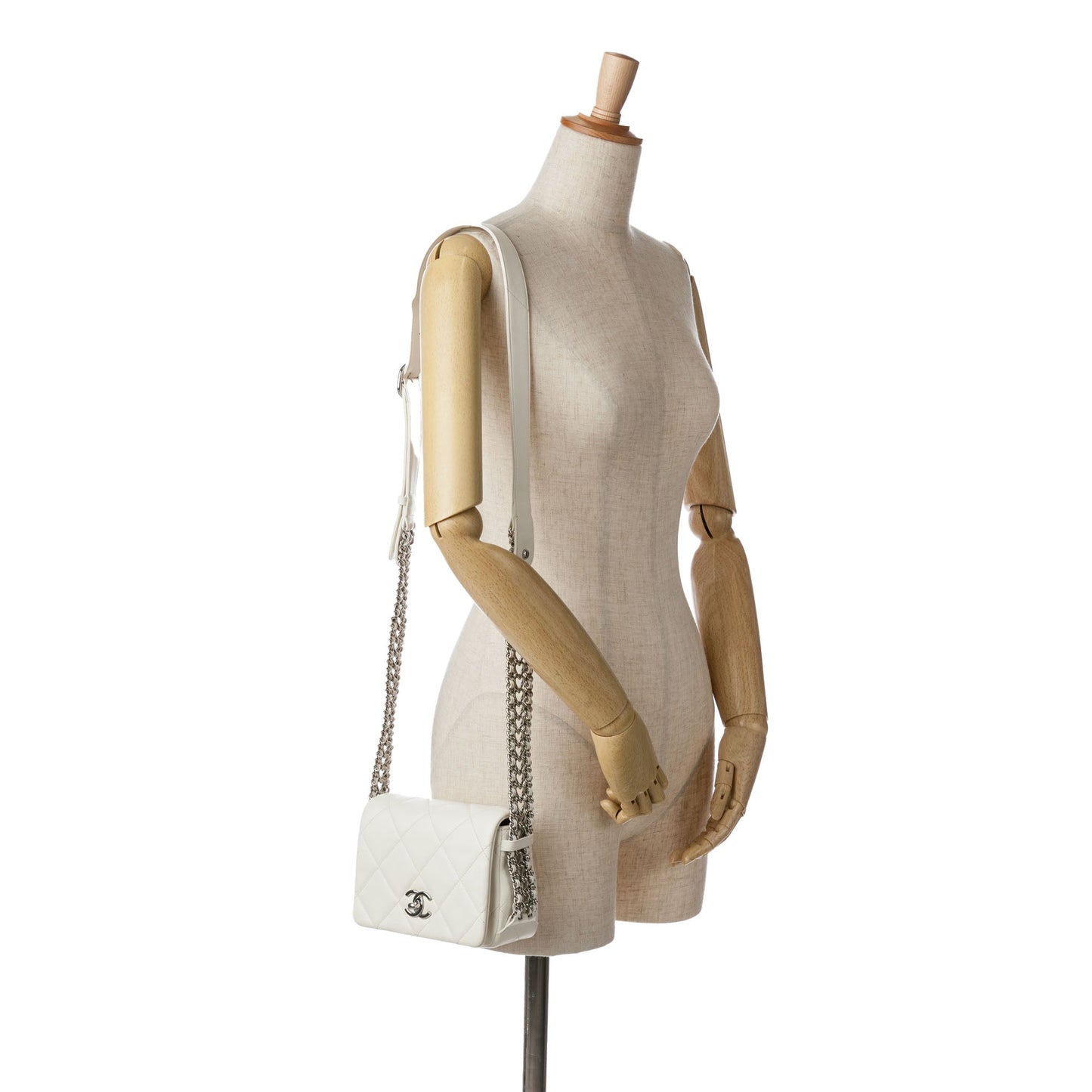 White Chanel Mini Quilted Lambskin Chain Rows Flap Crossbody Bag