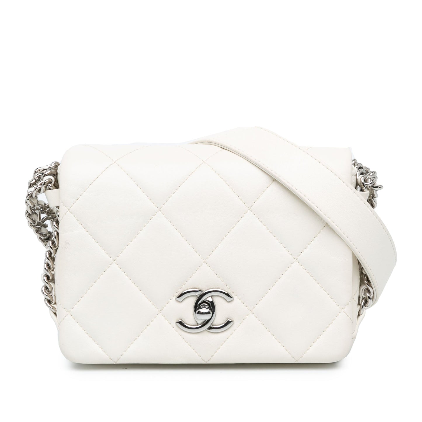 White Chanel Mini Quilted Lambskin Chain Rows Flap Crossbody Bag