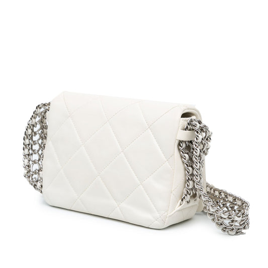 White Chanel Mini Quilted Lambskin Chain Rows Flap Crossbody Bag