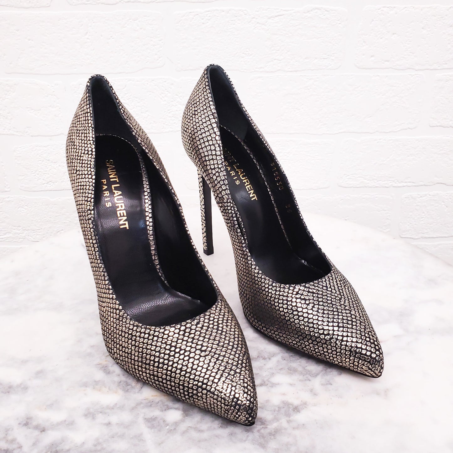 SAINT LAURENT BLACK AND GOLD SNAKE EFFECT HEELS - SIZE 36