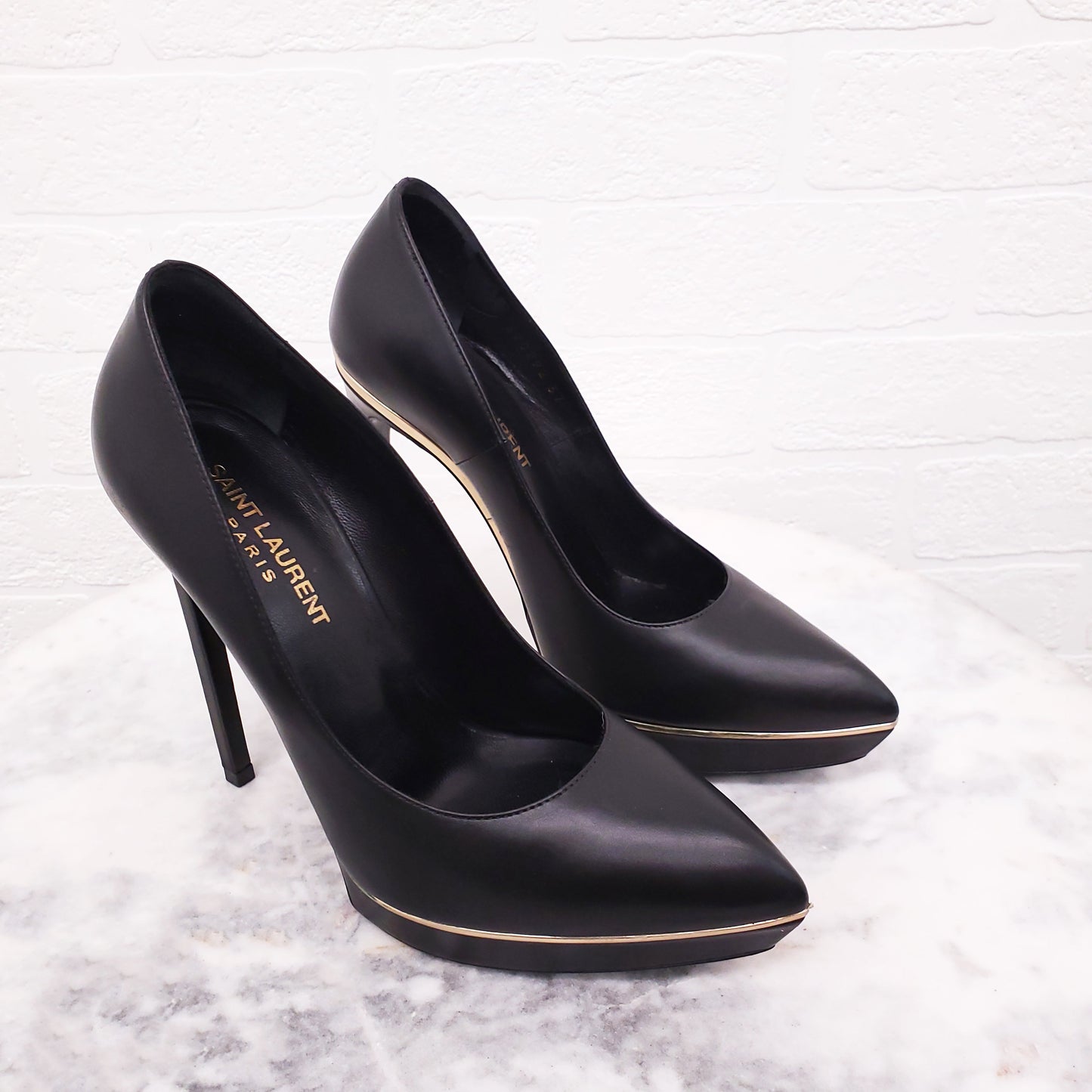 SAINT LAURENT BLACK AND GOLD 'JANIS' PLATFORM HEELS - SIZE 37