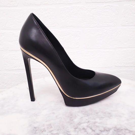 SAINT LAURENT BLACK AND GOLD 'JANIS' PLATFORM HEELS - SIZE 37