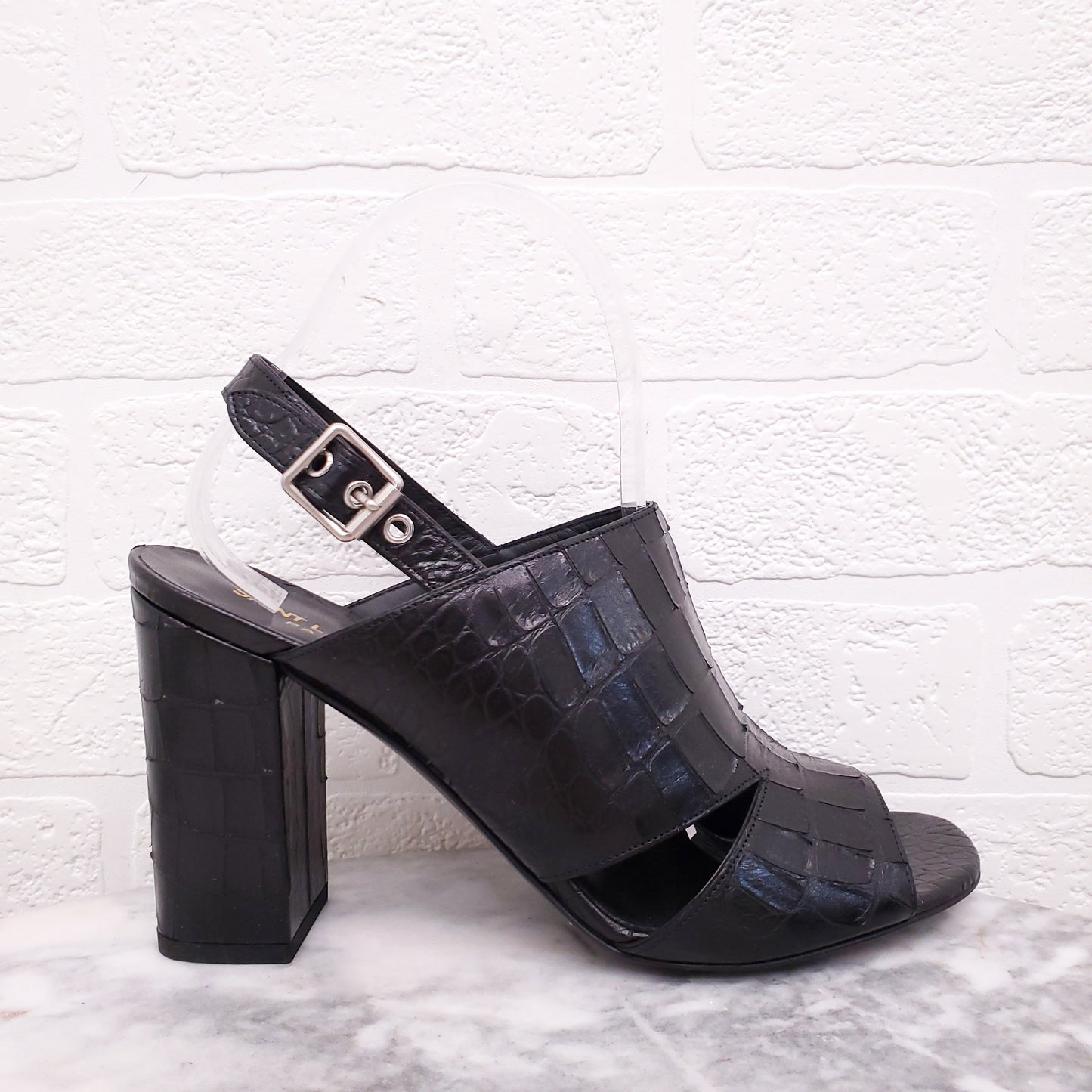 SAINT LAURENT BLACK CROC EFFECT BLOCK SANDALS - SIZE 40