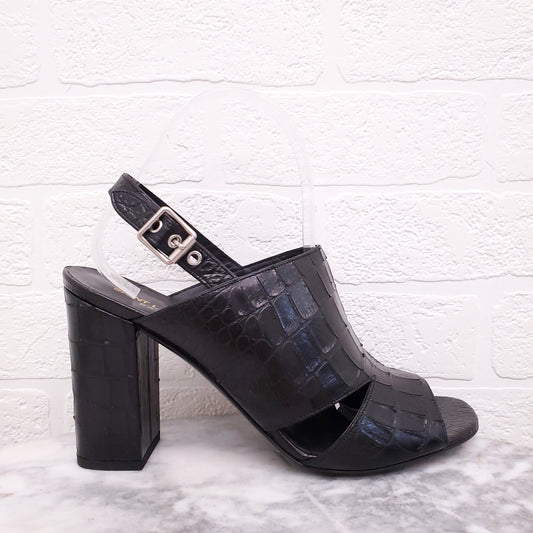SAINT LAURENT BLACK CROC EFFECT BLOCK SANDALS - SIZE 40