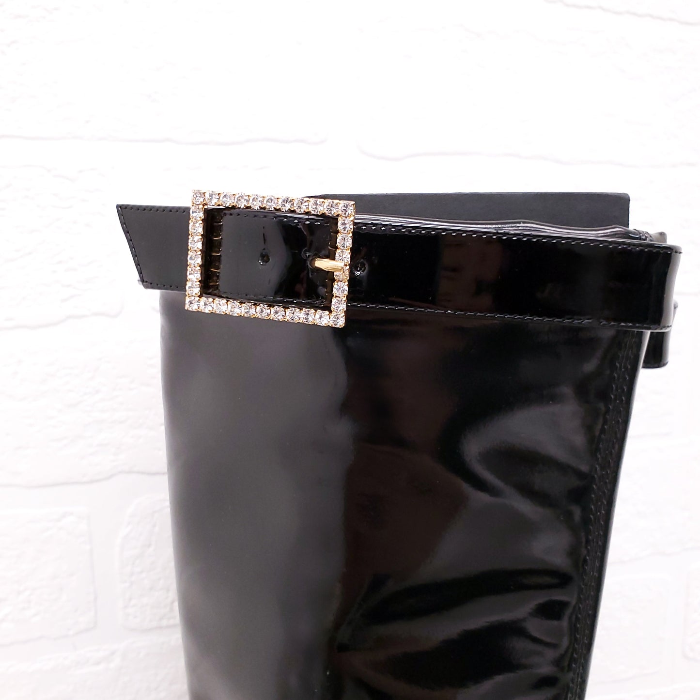 SAINT LAURENT BLACK PATENT 'ELLE KNEE HIGH BOOTS' WITH CRYSTALS - SIZE 37.5