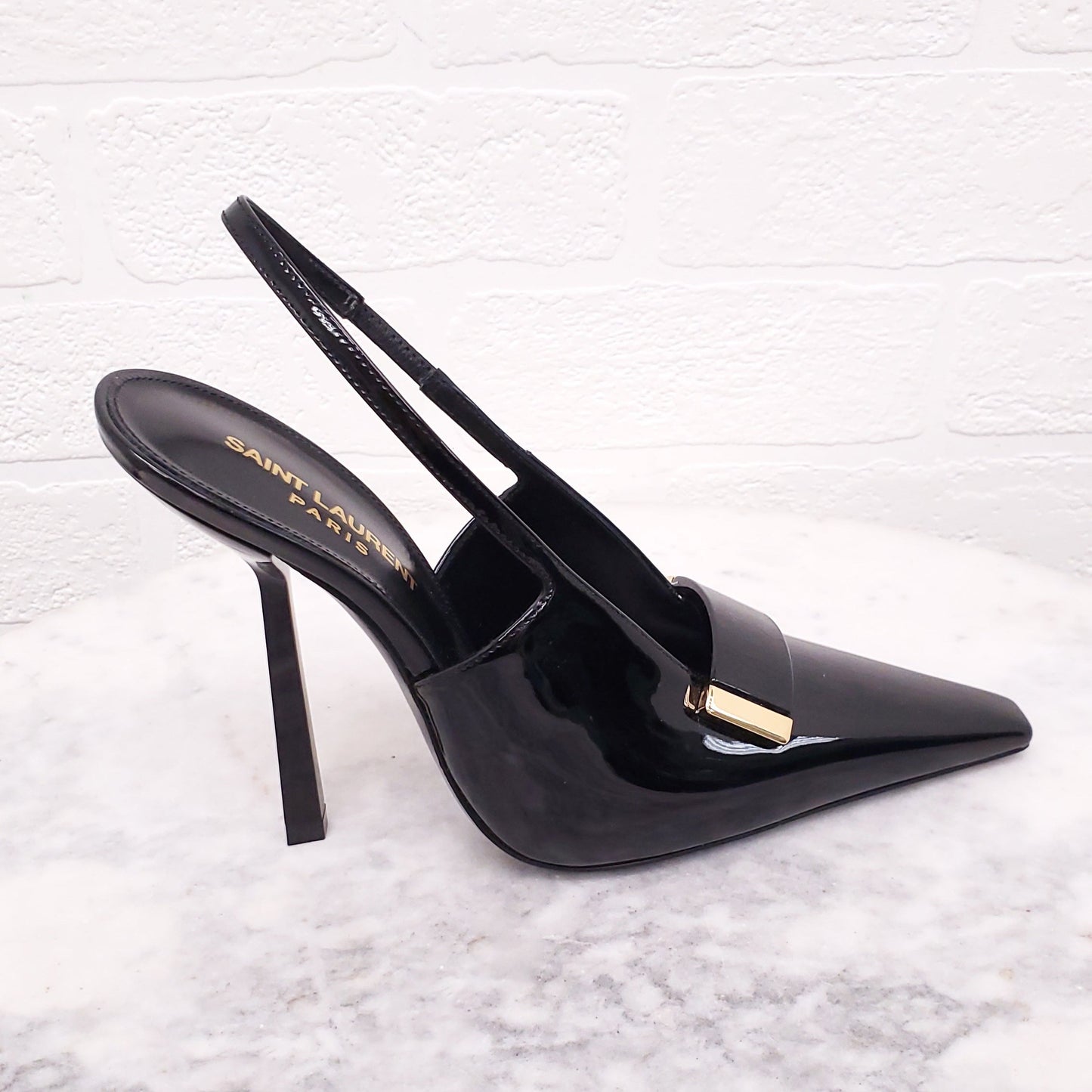 SAINT LAURENT BLACK PATENT 'MADAME' SLINGBACK HEELS - SIZE 36