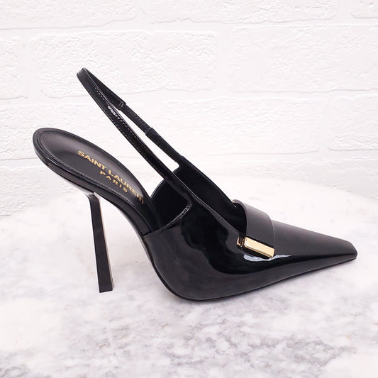 SAINT LAURENT BLACK PATENT 'MADAME' SLINGBACK HEELS - SIZE 36