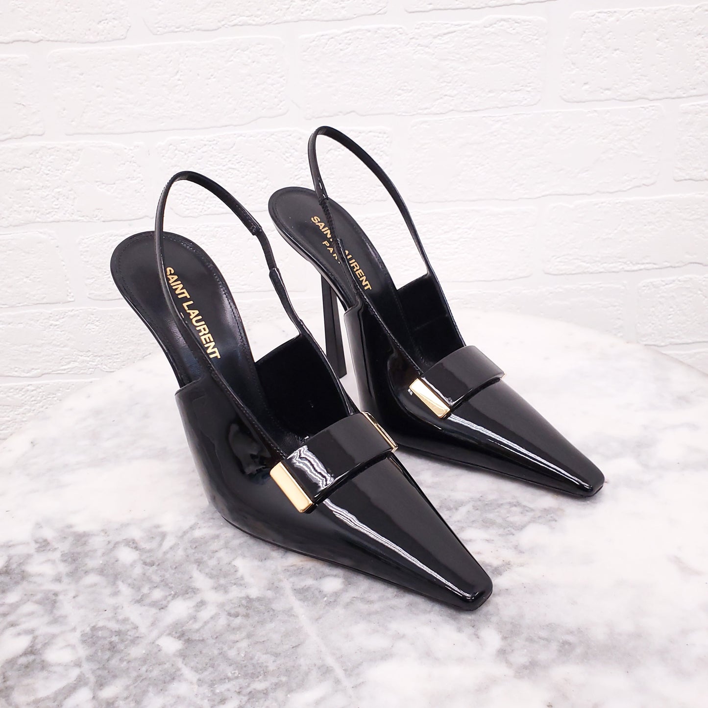 SAINT LAURENT BLACK PATENT 'MADAME' SLINGBACK HEELS - SIZE 36