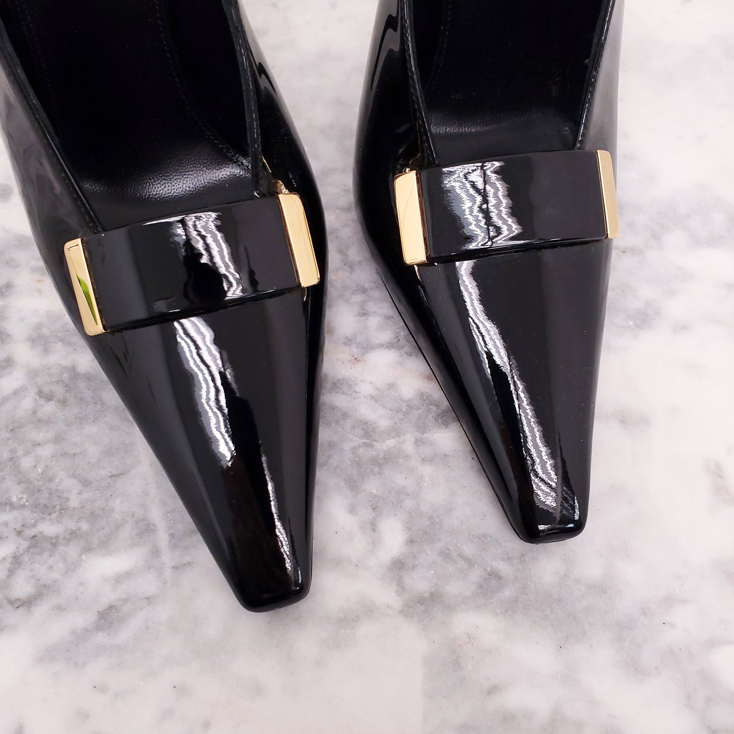 SAINT LAURENT BLACK PATENT 'MADAME' SLINGBACK HEELS - SIZE 36