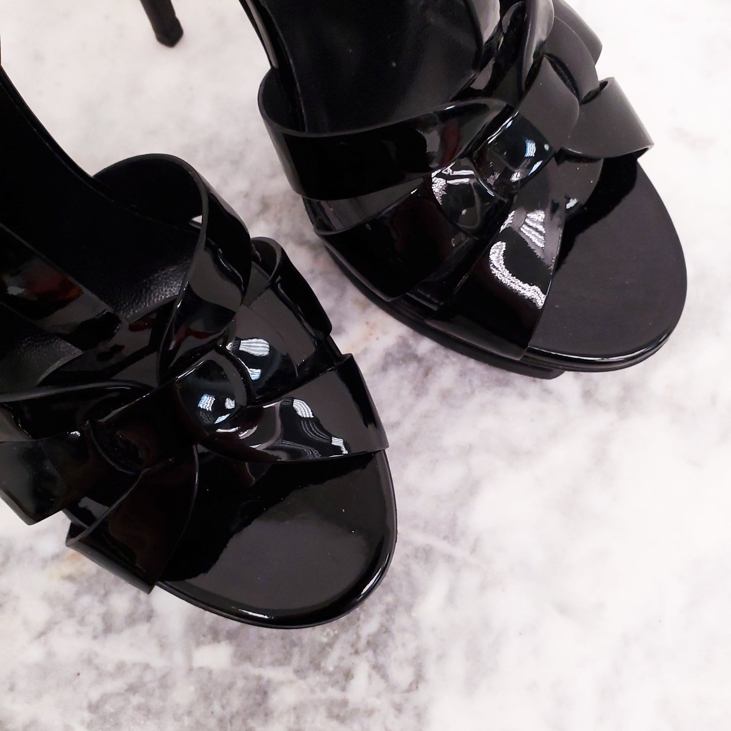 SAINT LAURENT BLACK PATENT 'TRIBUTE' HEELS - SIZE 39