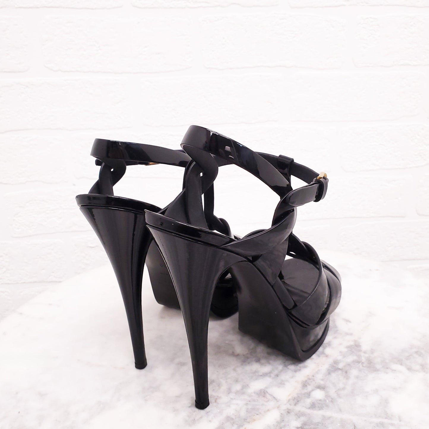 SAINT LAURENT BLACK PATENT 'TRIBUTE' HEELS - SIZE 39