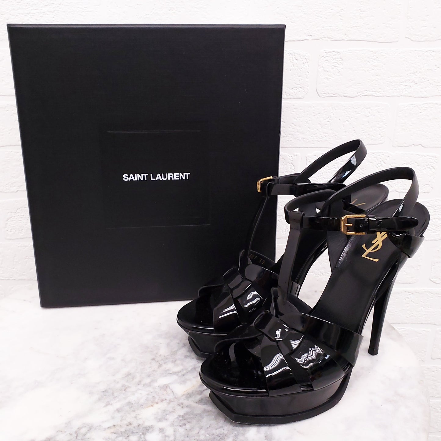 SAINT LAURENT BLACK PATENT 'TRIBUTE' HEELS - SIZE 39