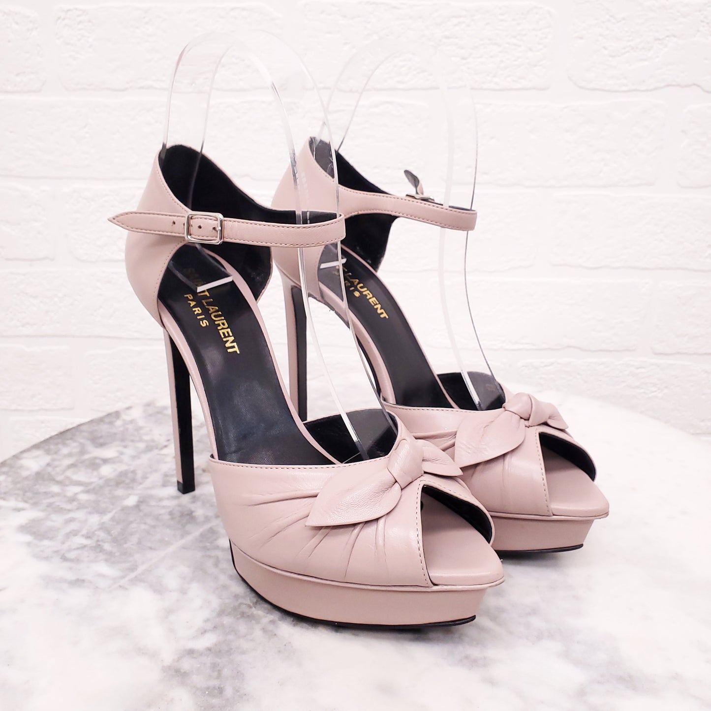 SAINT LAURENT PINK LEATHER HEELS WITH BOW - SIZE 37