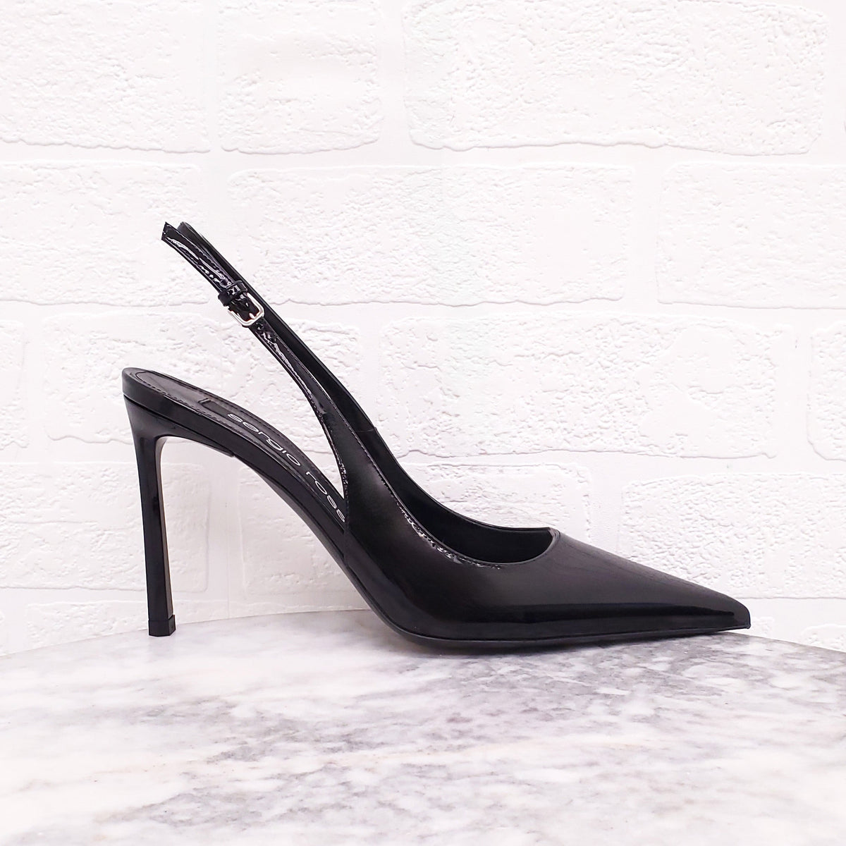 SERGIO ROSSI BLACK PATENT SLINGBACK HEELS - SIZE 38