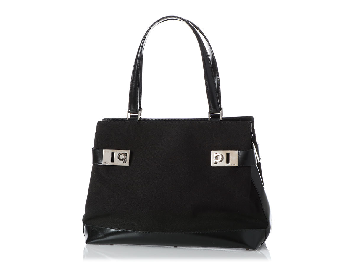 Ferragamo Black Canvas and Leather Top Handle
