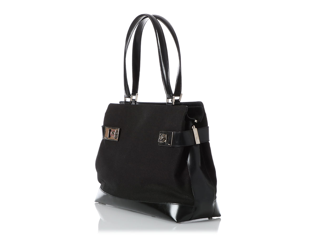 Ferragamo Black Canvas and Leather Top Handle