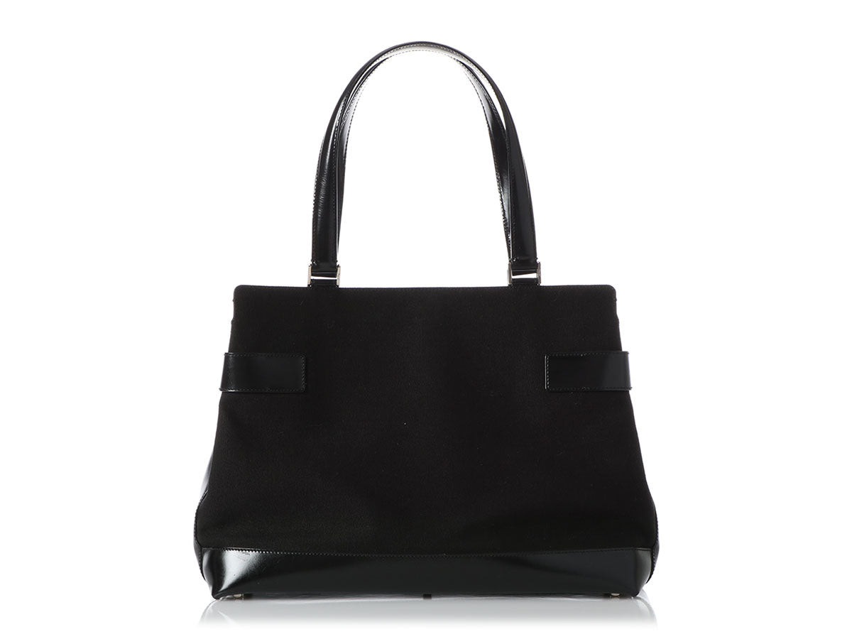 Ferragamo Black Canvas and Leather Top Handle