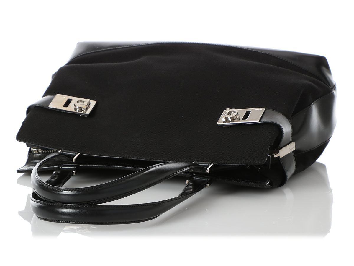 Ferragamo Black Canvas and Leather Top Handle