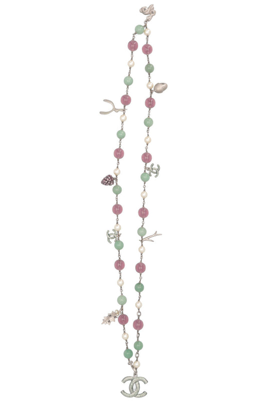 CHANEL 2005 Bunny Leave Stone Necklace Silver