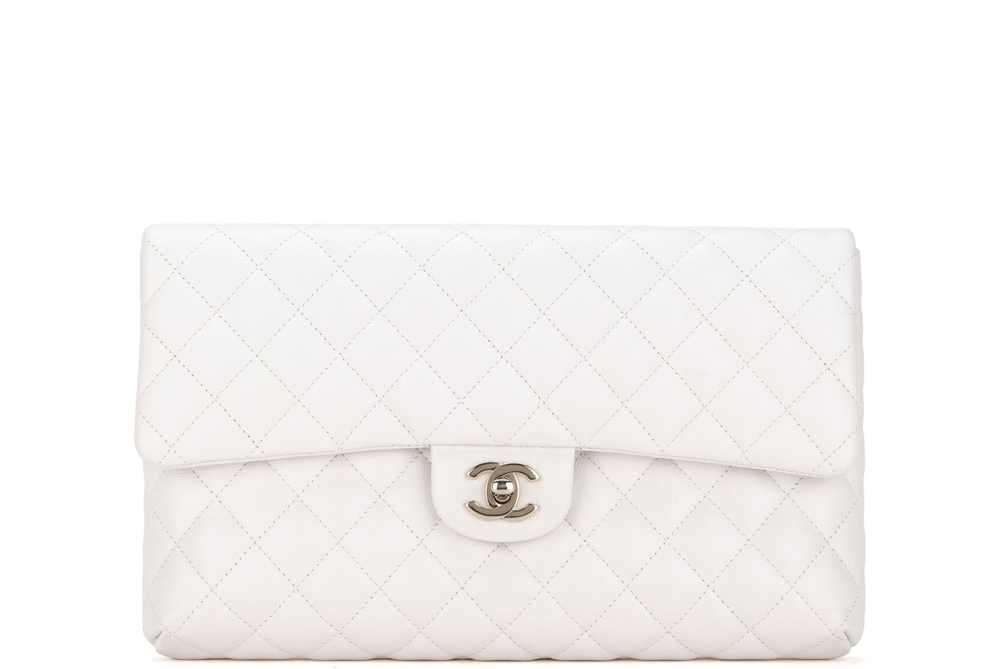 CHANEL FLAP CLUTH (2851xxxx) OFF WHITE QUILTED CAVIAR LEATHER WITH GOLD CHAIN, WITH , DUST COVER & BOX