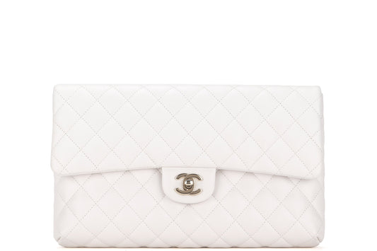CHANEL FLAP CLUTH (2851xxxx) OFF WHITE QUILTED CAVIAR LEATHER WITH GOLD CHAIN, WITH , DUST COVER & BOX