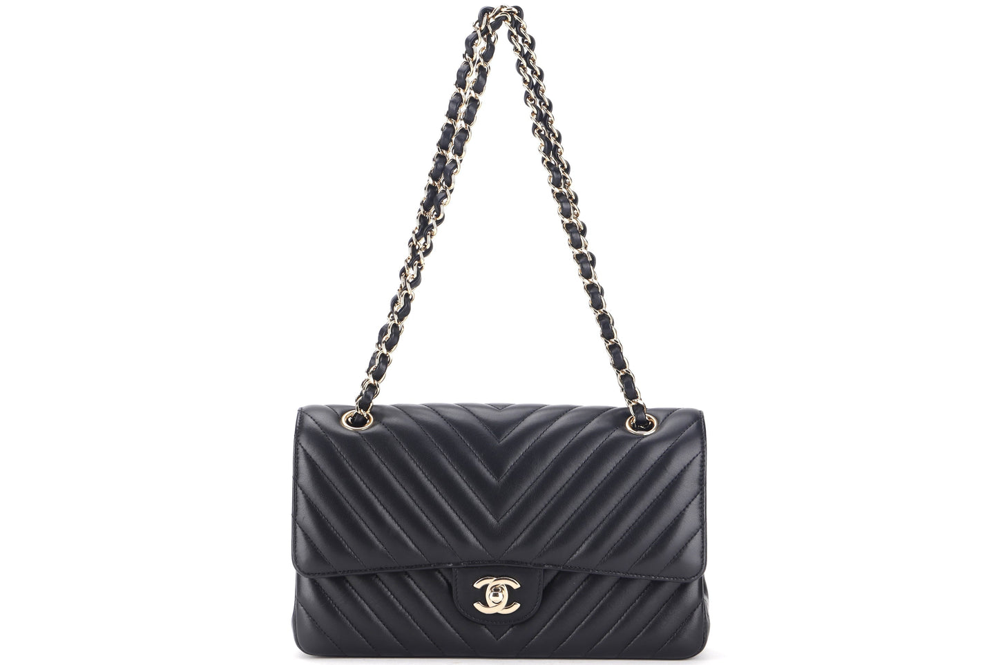 CHANEL CLASSIC DOUBLE FLAP CHEVRON (2467xxxx) MEDIUM BLACK LAMBSKIN WITH GOLD CHAIN, WITH , DUST COVER & BOX