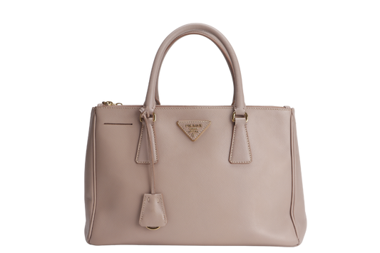PRADA SMALL GALLERIA 2WAY USE TOTE BAG BEIGE SAFFIANO LEATHER GOLD HARDWARE WITH DUST COVER, NO CARD