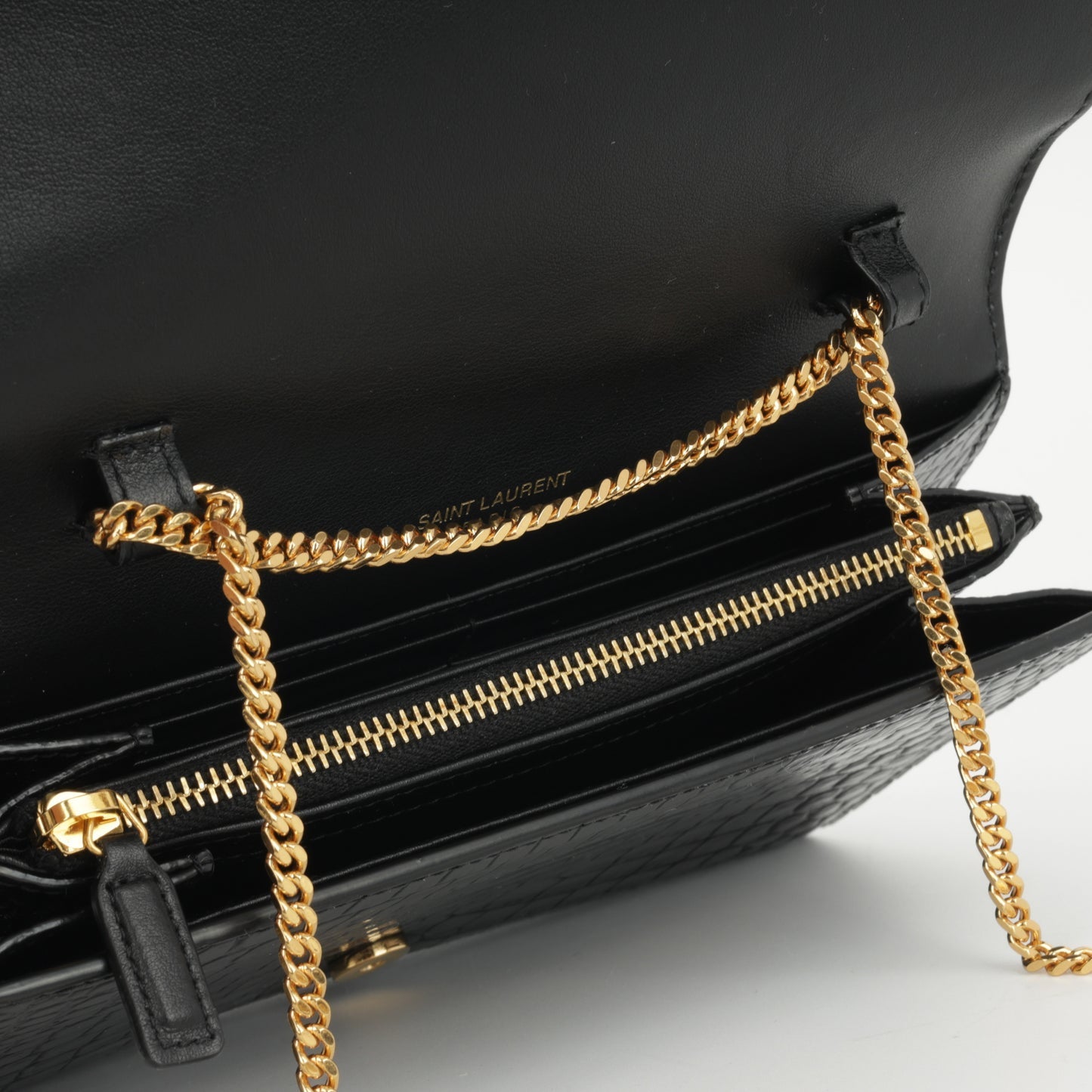 Saint Laurent - Cassandre Clutch on Chain - Black Croc Embossed Leather GHW -