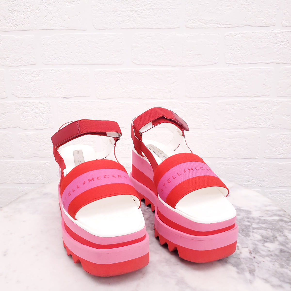 STELLA MCCARTNEY PINK AND RED LOGO PLATFORM SANDALS - SIZE 37