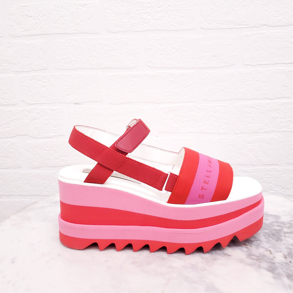 STELLA MCCARTNEY PINK AND RED LOGO PLATFORM SANDALS - SIZE 37