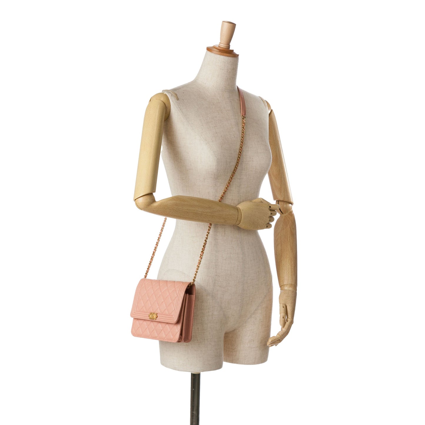 Pink Chanel Quilted Caviar Square Boy Wallet On Chain Crossbody Bag