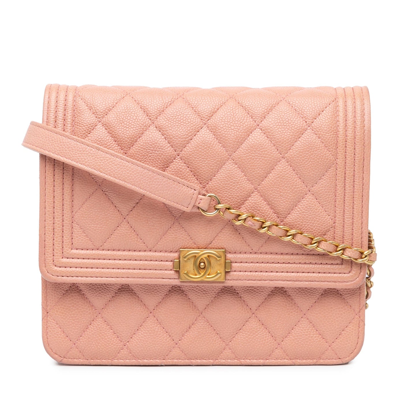 Pink Chanel Quilted Caviar Square Boy Wallet On Chain Crossbody Bag
