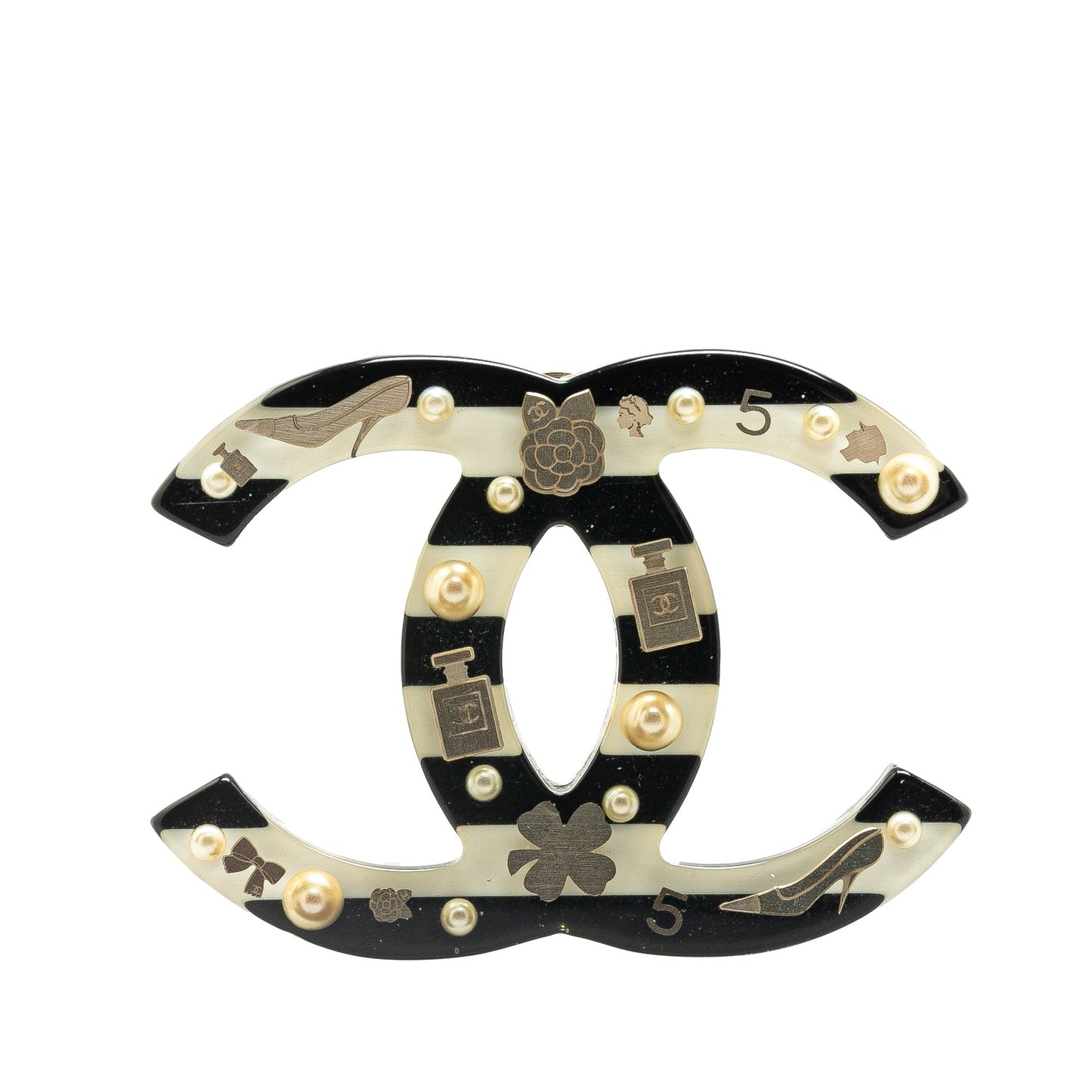 Black Chanel CC Resin Faux Pearl Charms Brooch