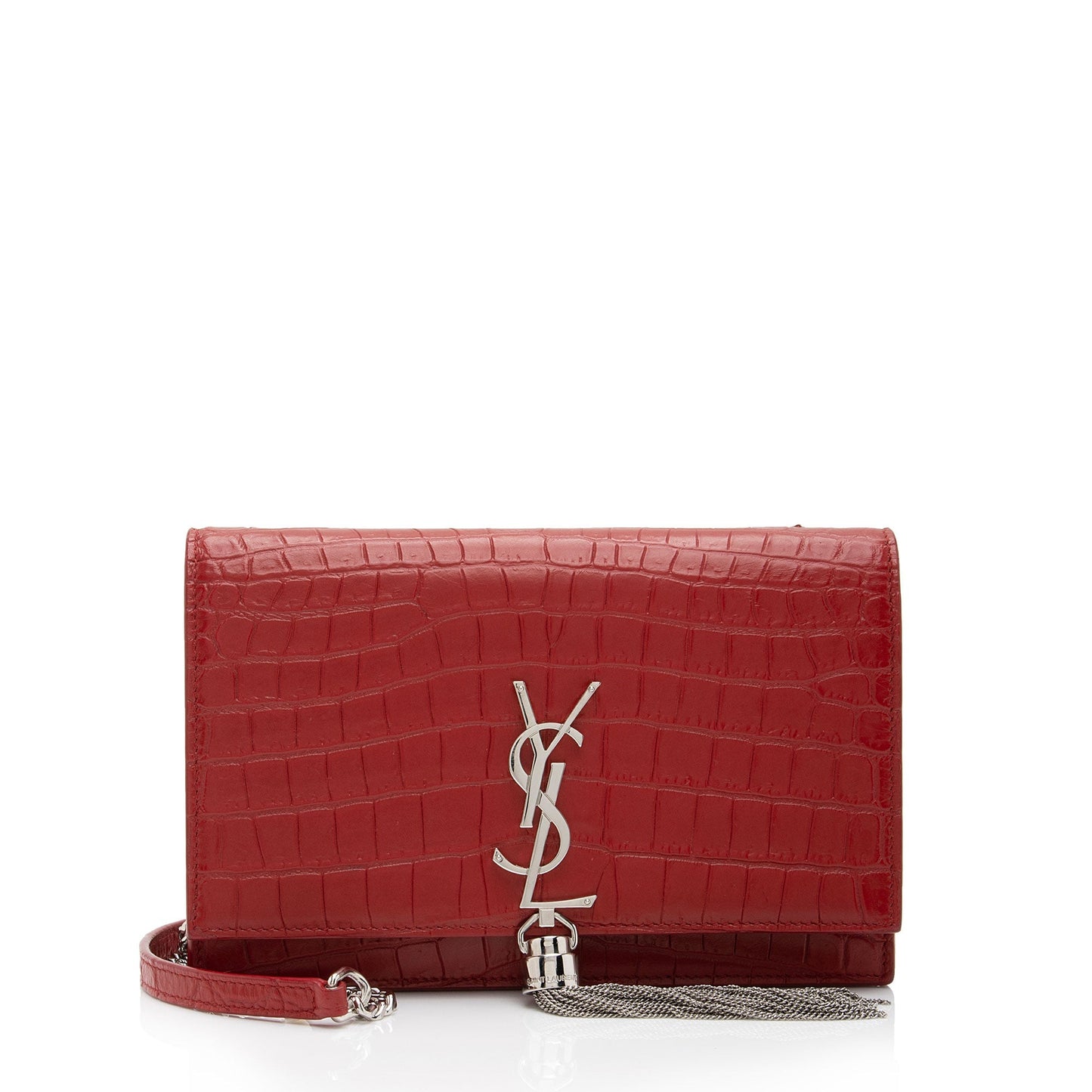 Saint Laurent Croc Embossed Leather Monogram Kate Tassel Chain Wallet AKAj5y