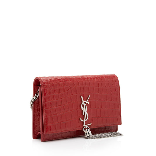 Saint Laurent Croc Embossed Leather Monogram Kate Tassel Chain Wallet AKAj5y