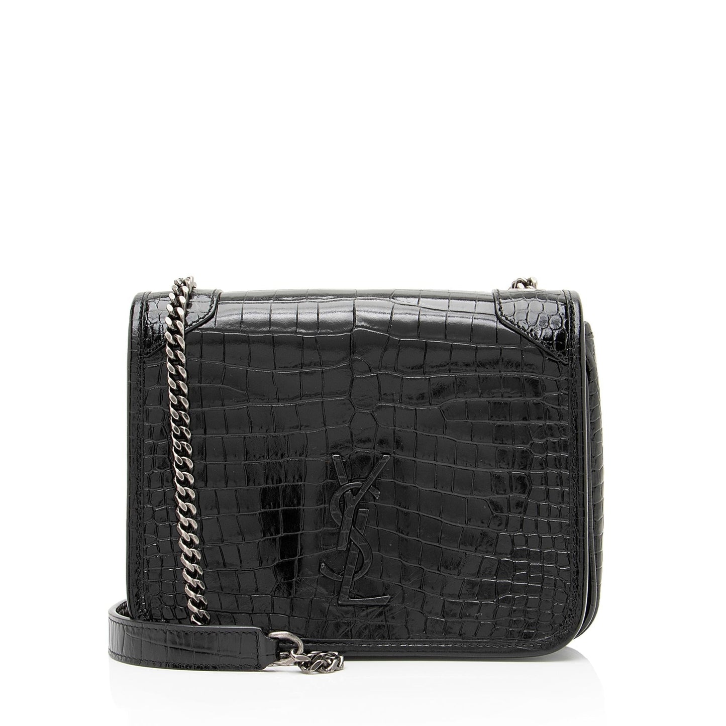 Saint Laurent Croc Embossed Leather Monogram Niki Chain Wallet 23549