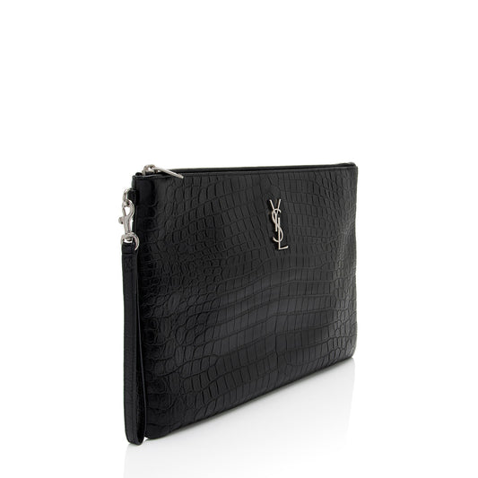 Saint Laurent Croc Embossed Leather Monogram Wristlet y9FaYl