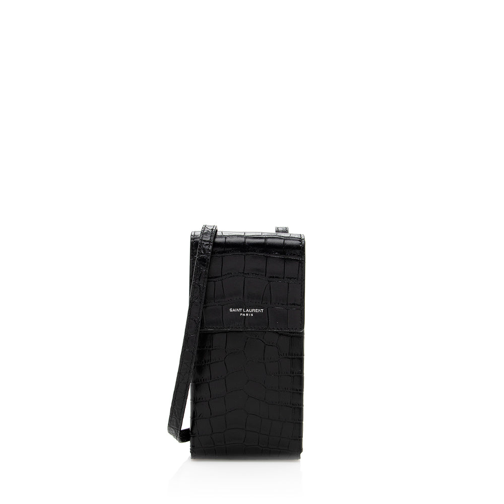 Saint Laurent Croc Embossed Leather Phone Pouch Crossbody Bag 19580
