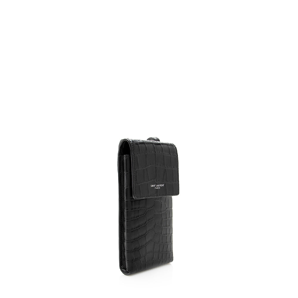 Saint Laurent Croc Embossed Leather Phone Pouch Crossbody Bag 19580