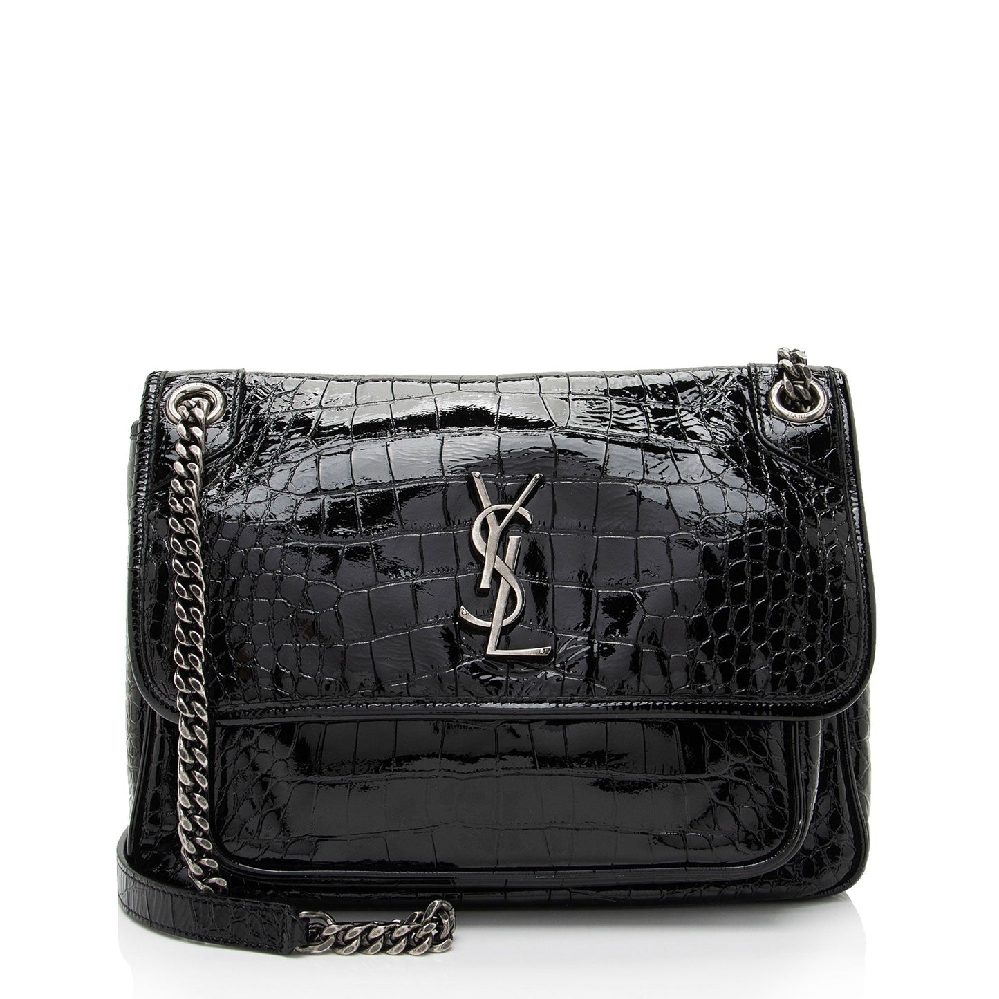 Saint Laurent Patent Croc Embossed Leather Monogram Niki Medium Shoulder Bag zhfiM7