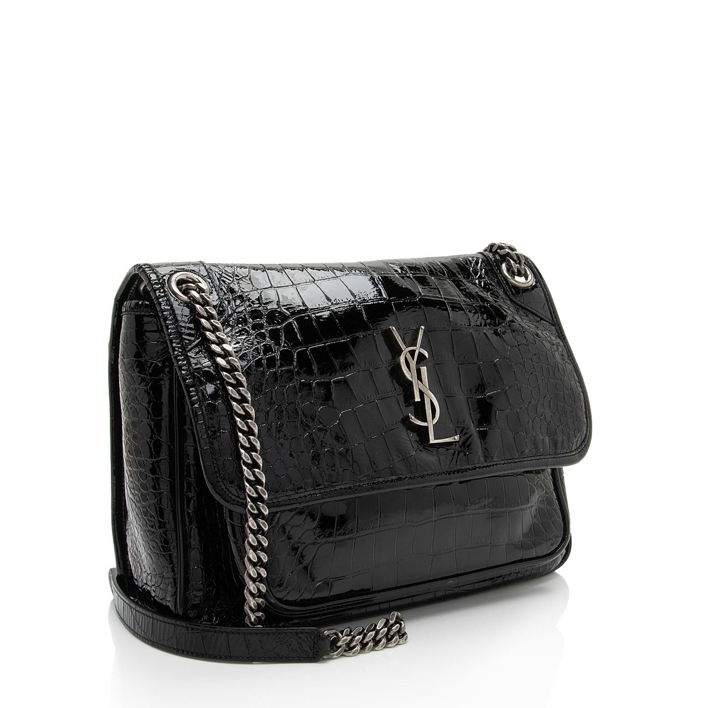 Saint Laurent Patent Croc Embossed Leather Monogram Niki Medium Shoulder Bag zhfiM7