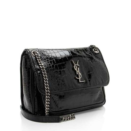Saint Laurent Patent Croc Embossed Leather Monogram Niki Medium Shoulder Bag zhfiM7