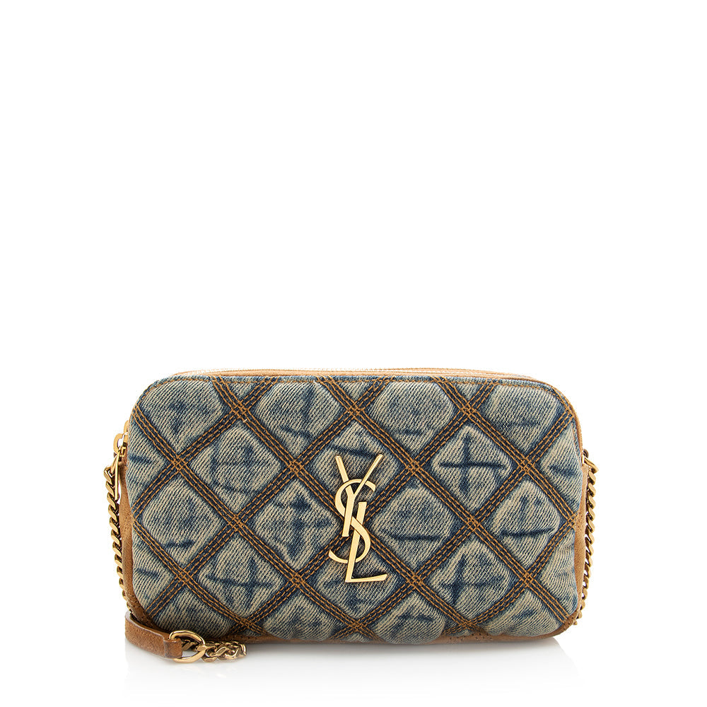 Saint Laurent Quilted Denim Becky Double Zip Crossbody Bag 20574