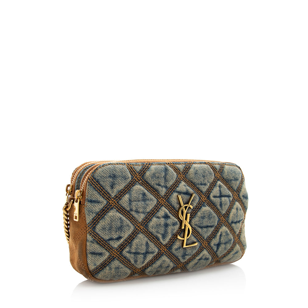 Saint Laurent Quilted Denim Becky Double Zip Crossbody Bag 20574
